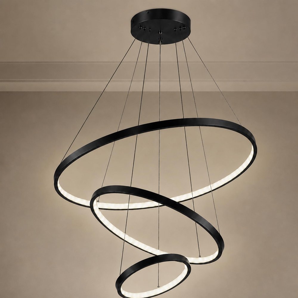 LightInTheBox Pendant Light 3 Ring Chandeliers for Living Room Dinning Room Modern Ceiling Light Circle Design 20+40+60cm Color=Black; Light Source Color=White