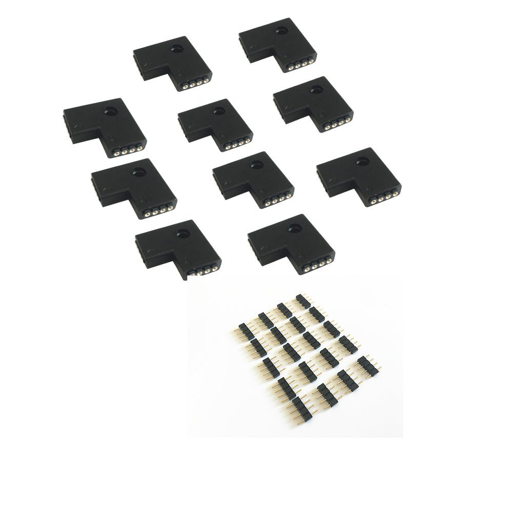 HUALAND 10pcs 10mm 4-pins L-Shape 90 Degree Right Angle Female Connector for LED RGB 5050 Flex Strip Light (L Shape)