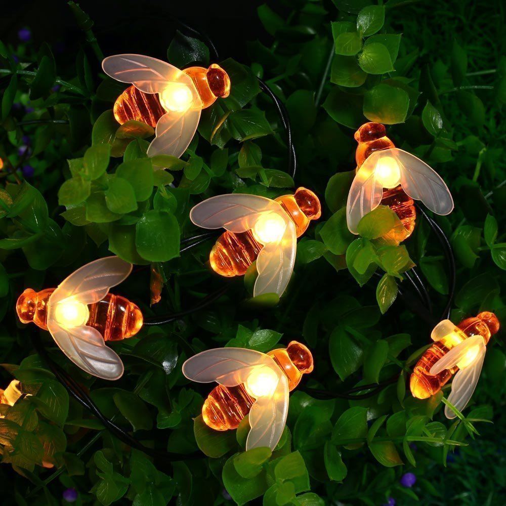 DINOWIN Honey Bees Lights, Bee String Lights Solar Power Honeybee Fairy String Lights Waterproof 30 LED for Outdoor Garden Summer Party Wedding Xmas Decoration (Warm White)