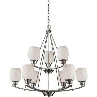 Casual Mission 9-Light Chandelier in in Brushed Nickel with White Lined Glass