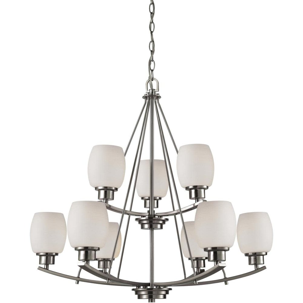 Casual Mission 9-Light Chandelier in in Brushed Nickel with White Lined Glass