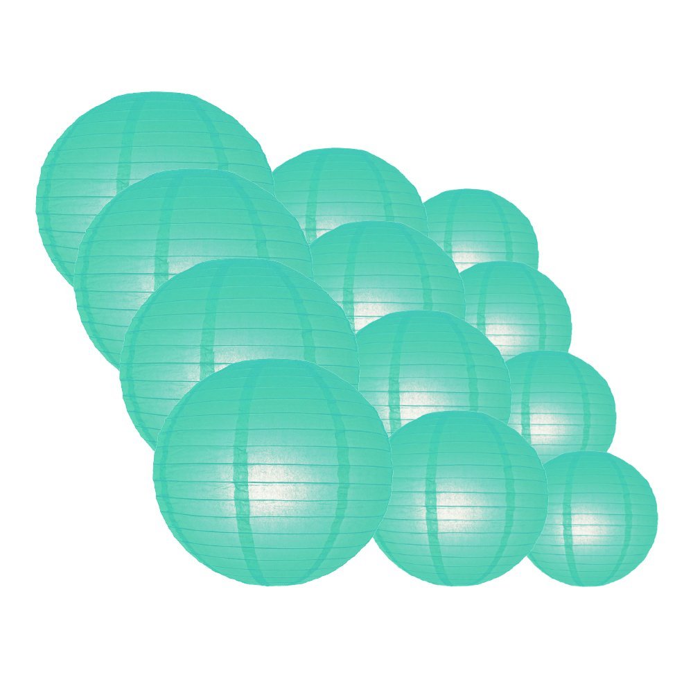 Quasimoon PaperLanternStore.com Round Paper Lanterns 12pcs Assorted Combo Party Pack - (12/10/8 Inch) Even Ribbing, Water Blue