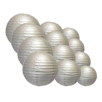 Quasimoon PaperLanternStore.com Round Paper Lanterns 12pcs Assorted Combo Party Pack - (12/10/8 Inch) Even Ribbing, Silver
