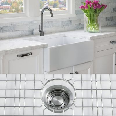 FSW1001 LUXURY 30-INCH SOLID FIRECLAY FARMHOUSE SINK IN WHITE, STAINLESS STEEL ACCS, FLAT FRONT