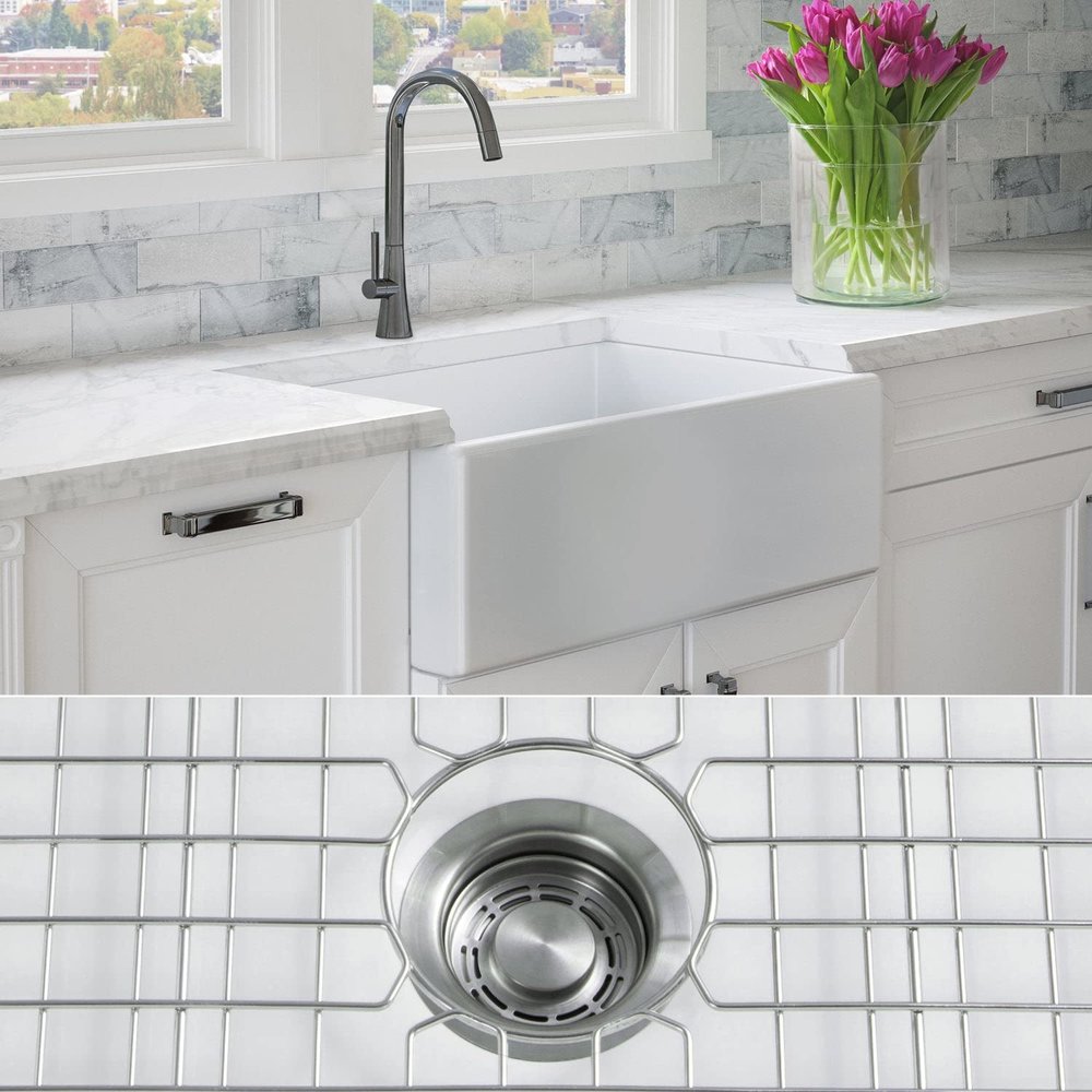 FSW1001 LUXURY 30-INCH SOLID FIRECLAY FARMHOUSE SINK IN WHITE, STAINLESS STEEL ACCS, FLAT FRONT