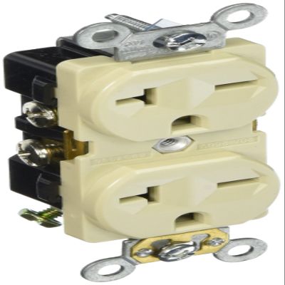 Morris Products Industrial Grade Duplex Receptacle - Ivory, 20 Amp, 250 Volt Shallow Design, 2 Pole, 3 Wire GE Lexan, Steel Mounting Strap UL Listed