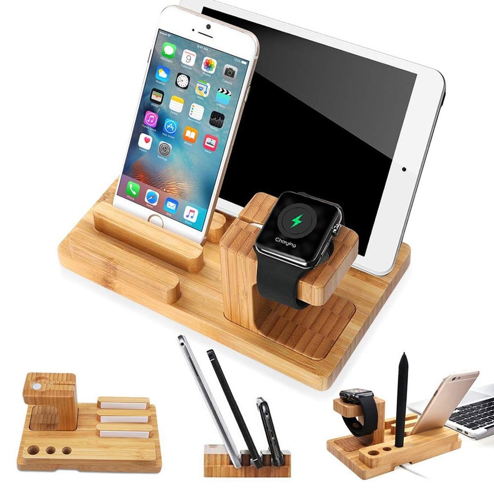 Bamboo Wood Multi-Device Desktop Charging Dock Station Charger Holder Cradle Charge Stand for iPhone 16 15 14 13 12 11 Pro Max iWatch 2 3 4 5 Compatible with iPad Mini Air Pro 2 3 Smartphones