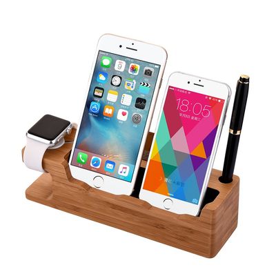 MOOZO Bamboo Wood Desktop Charging Dock Station Charger Holder Cradle Stand Compatible iPhone 16 15 14 13 12 11 Pro Max Apple Watch 2 3 4 / iWatch Samsung Galaxy S8 S7 S6 Edge Plus LG HTC Smartphones