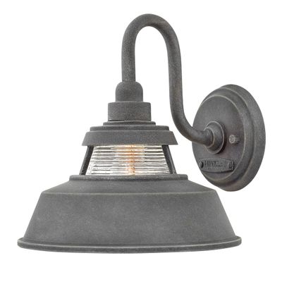 Hinkley Troyer Small Outdoor Wall Mount Lantern Light, Gooseneck Arm, Farmhouse Shade with Ribbed Glass Accent, Aged Zinc