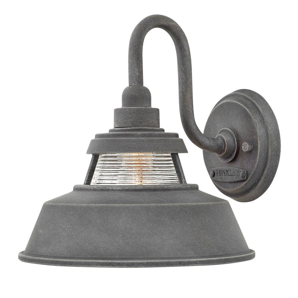Hinkley Troyer Small Outdoor Wall Mount Lantern Light, Gooseneck Arm, Farmhouse Shade with Ribbed Glass Accent, Aged Zinc