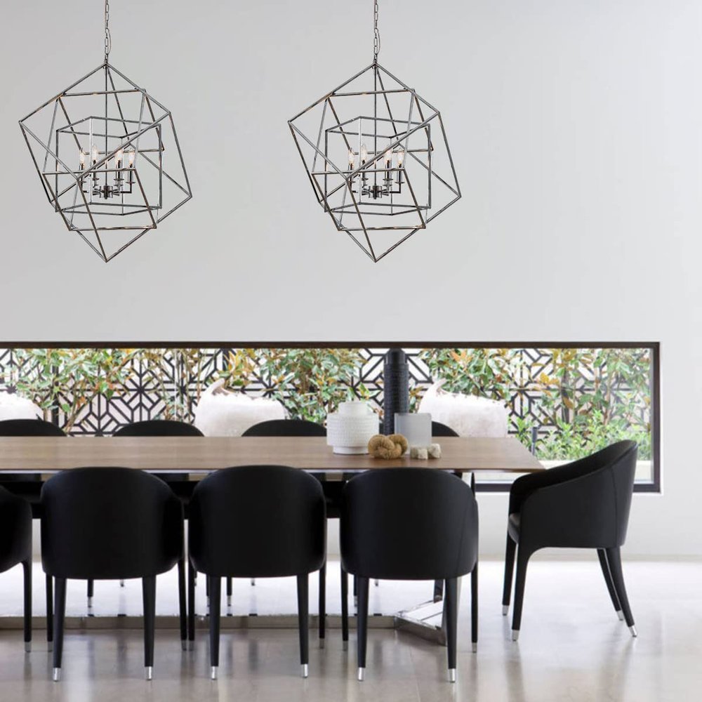 Caged Cubist Pendant Metron Chandelier 6 Light Multifaceted Frame Interlock (Polished Nickel)