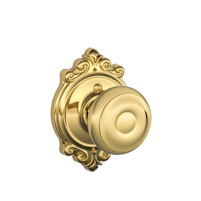 SCHLAGE Georgian Knob with Brookshire Trim Non-Turning Lock, Bright Brass (F170 GEO 605 BRK)