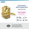 SCHLAGE Accent Lever with Camelot Trim Non-Turning Lock in Bright Brass - Right Handed - F170 ACC 605 CAM RH view 3