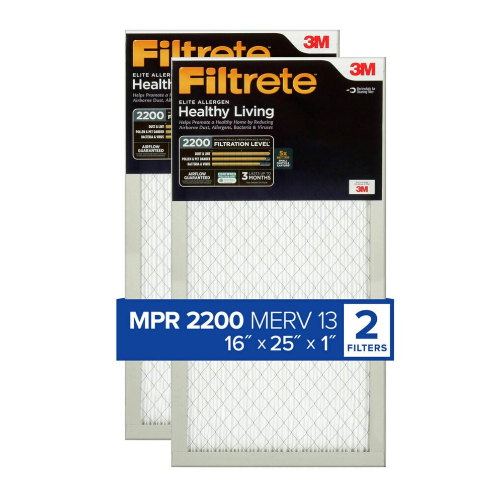Filtrete 16x25x1 AC Furnace Air Filter, MERV 13, MPR 2200, Elite Allergen, Bacteria & Virus Filter, 3-Month Pleated 1-Inch Electrostatic Air Cleaning Filter, 2-Pack (Actual Size 15.69x24.69x0.78 in)