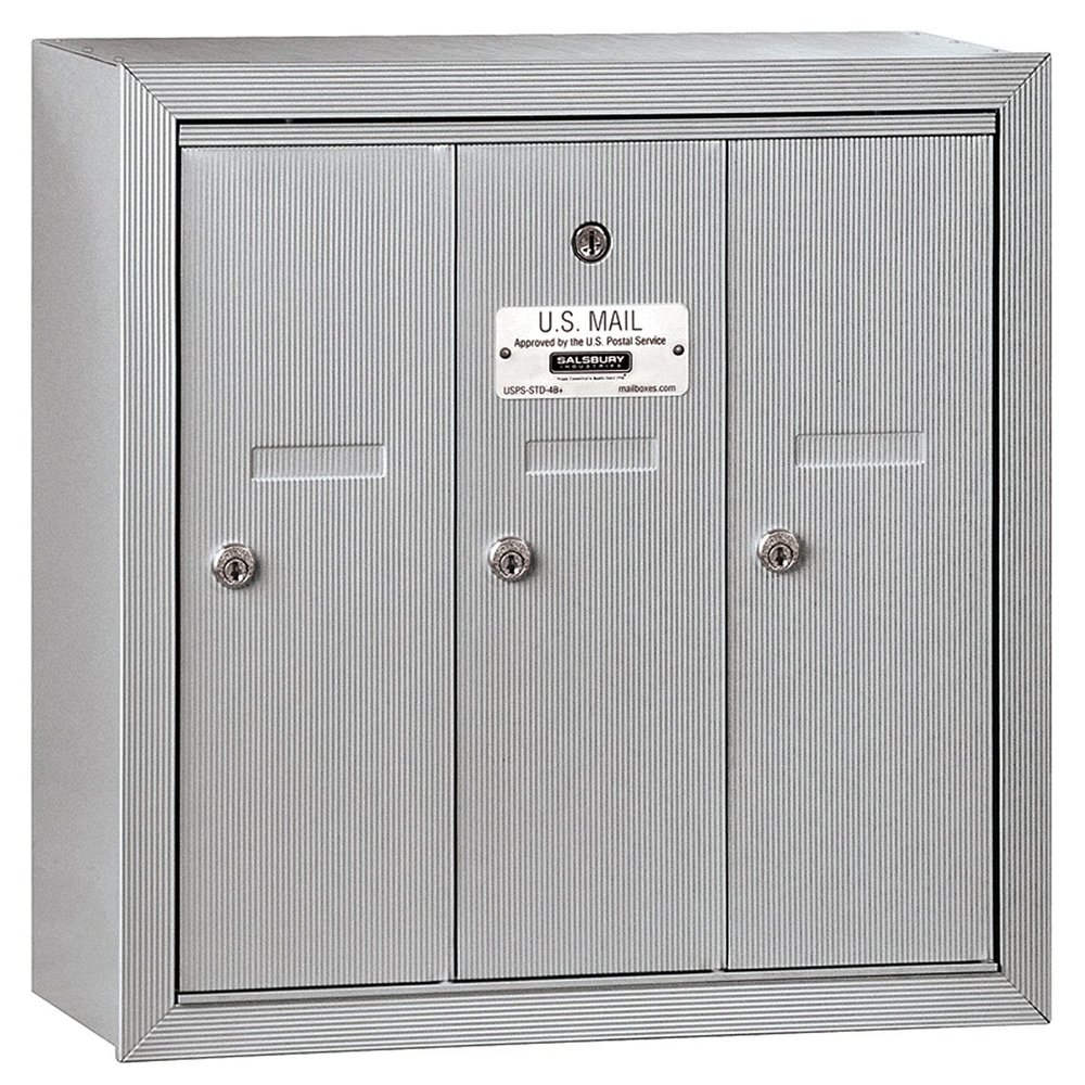 Salsbury Industries 3503ASP Surface Mounted Vertical Mailbox with Master Commercial Lock, Private Access and 3 Doors, Aluminum
