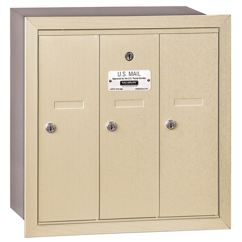 Salsbury Industries 3503SRP Recessed Mounted Vertical Mailbox with Master Commercial Lock with Private Access and 3 Doors, Sandstone