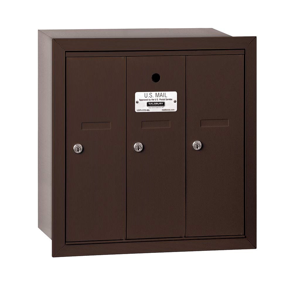 Salsbury Industries 3503ZRU Recessed Mounted Vertical Mailbox with USPS Access and 3 Doors, Bronze