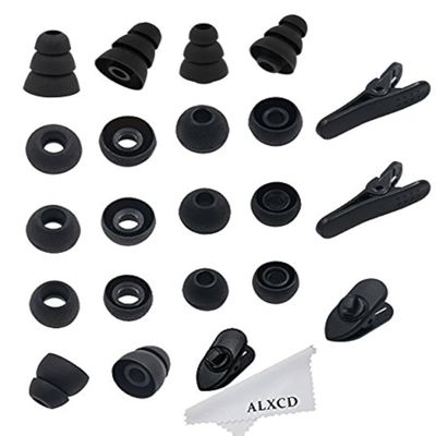ALXCD Replacement Ear Tips & Clips for in-Ear Earphone, S/M/L Sizes & Double/Triple Flange 9 Pairs Silicone Replacement Earbud Tips Eartips Adapter & 4 Pcs Long/Short Earphone Wire Clip (Black 18+4)