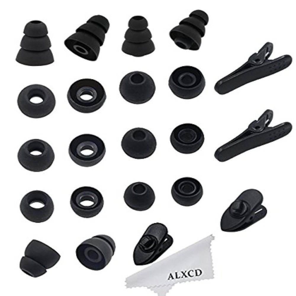 ALXCD Replacement Ear Tips & Clips for in-Ear Earphone, S/M/L Sizes & Double/Triple Flange 9 Pairs Silicone Replacement Earbud Tips Eartips Adapter & 4 Pcs Long/Short Earphone Wire Clip (Black 18+4)