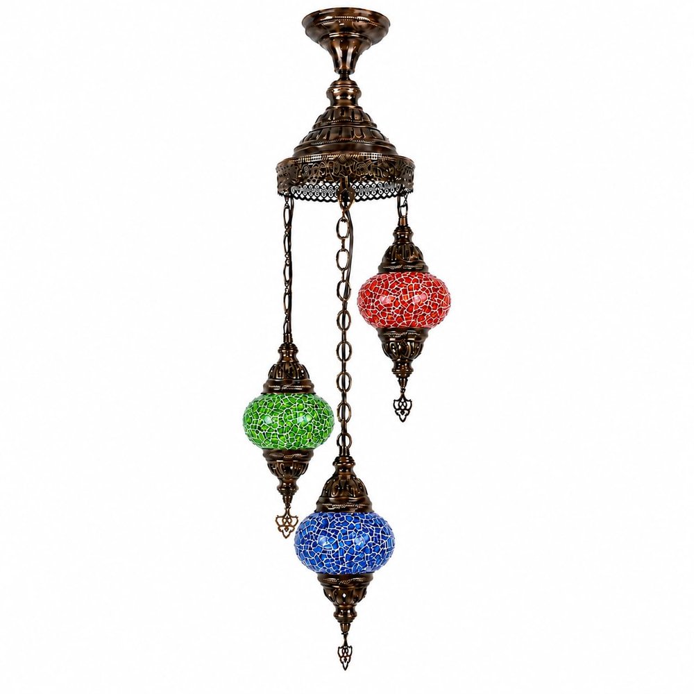 Paykoc Imports Turkish Mosaic Chandelier - 3 Bulbs - 12"x33" - B2