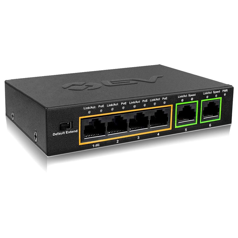 BV-Tech 6 Port PoE+ Switch (4 PoE+ Ports with 2 Ethernet Uplink and Extend Function) 60W 802.3at + 1 High Power PoE Port| Desktop Fanless Design | Plug & Play | Sturdy Metal Housing