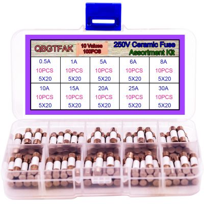 QBGTFAK 100pcs Quick Blow Ceramic Tube Fuse Assorted Kit Amp 250V 0.5A, 1A, 5A, 6A, 8A, 10A, 15A, 20A, 25A, 30A, 5x20mm (Ceramic Fuse 5x20mm)