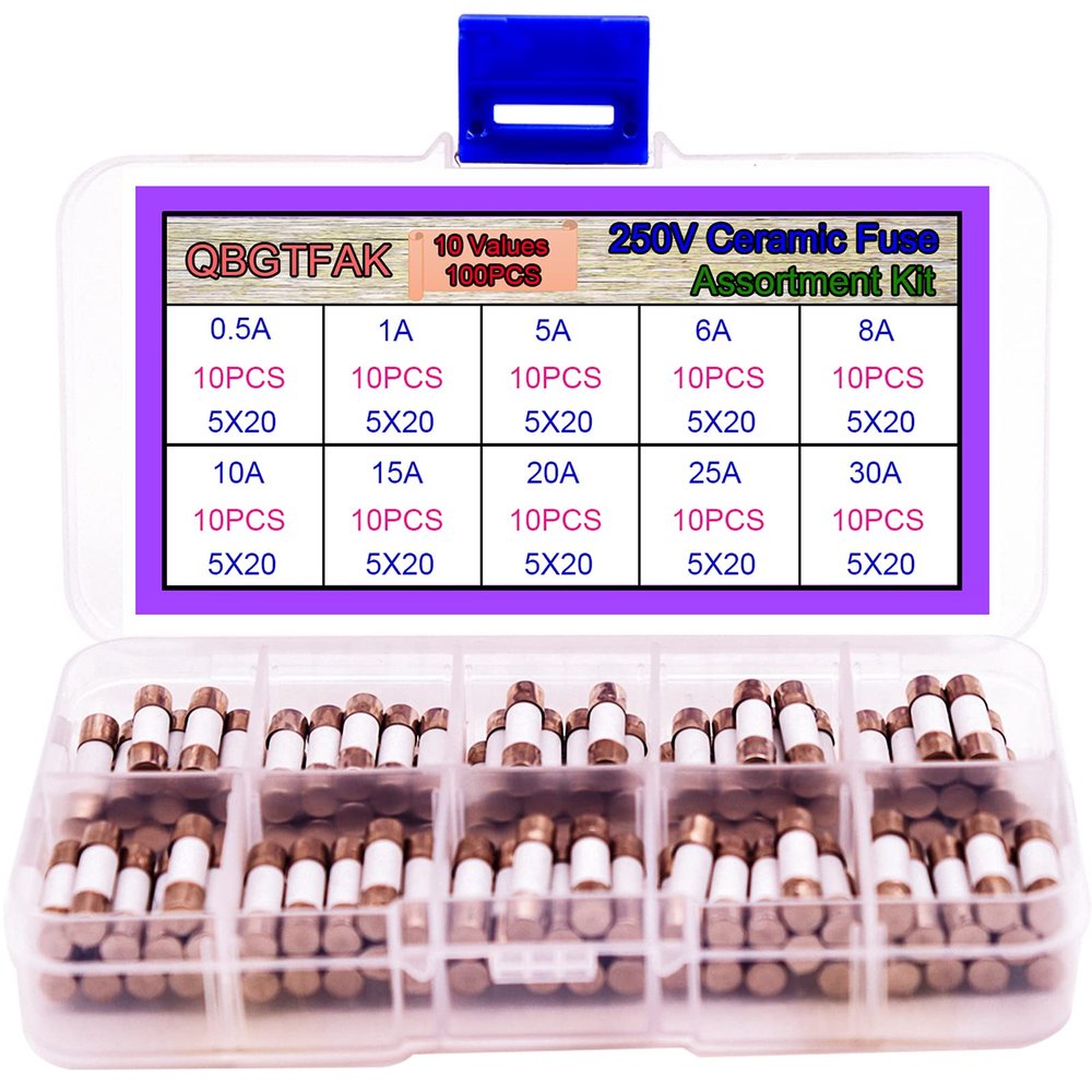 QBGTFAK 100pcs Quick Blow Ceramic Tube Fuse Assorted Kit Amp 250V 0.5A, 1A, 5A, 6A, 8A, 10A, 15A, 20A, 25A, 30A, 5x20mm (Ceramic Fuse 5x20mm)