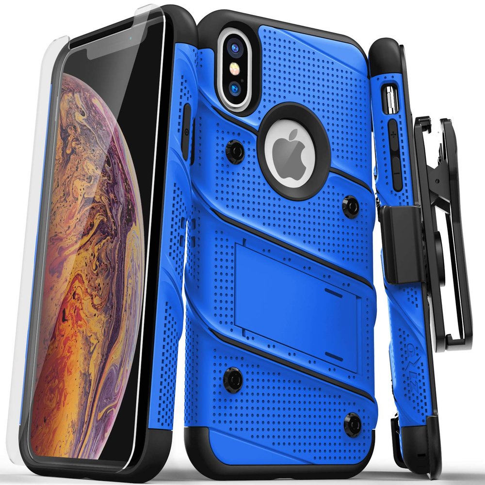 Zizo Bolt Series Compatible with iPhone X Case Military Grade Drop Tested with Screen Protector, Kickstand and Holster iPhone Xs Blue Black