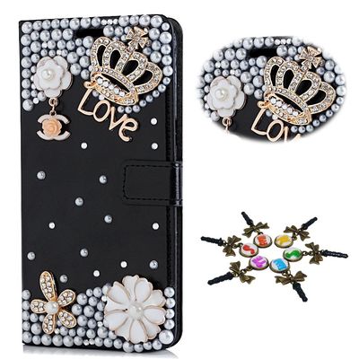 STENES Bling Case Compatible with iPhone 6S Plus Case - 3D Handmade Crystal Crown Flowers Sparkle Wallet Credit Card Slots Fold Stand Leather Cover - Gold