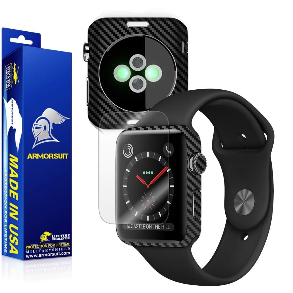 ArmorSuit Black Carbon Fiber Skin Back Protector Film + Max Coverage HD Clear Screen Protector for Apple Watch 42mm (Series 3) - HD Clear