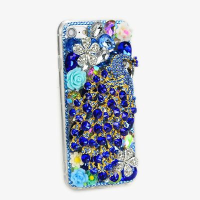 STENES Bling Case Compatible with iPhone 8 Plus Case - 3D Handmade Luxury Series Crystal Luxury Peacock Butterfly Flowers Sparkle Rhinestone Cover Retro Bows - Blue