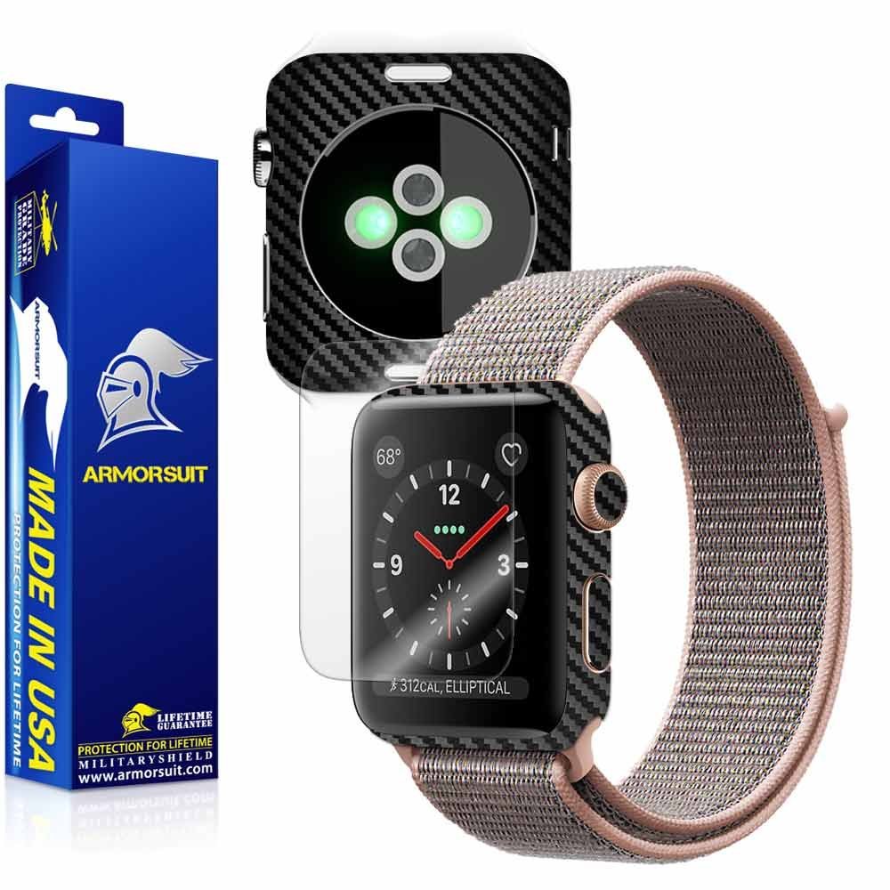 ArmorSuit Black Carbon Fiber Skin Back Protector Film + Max Coverage HD Clear Screen Protector for Apple Watch 38mm (Series 3) - HD Clear