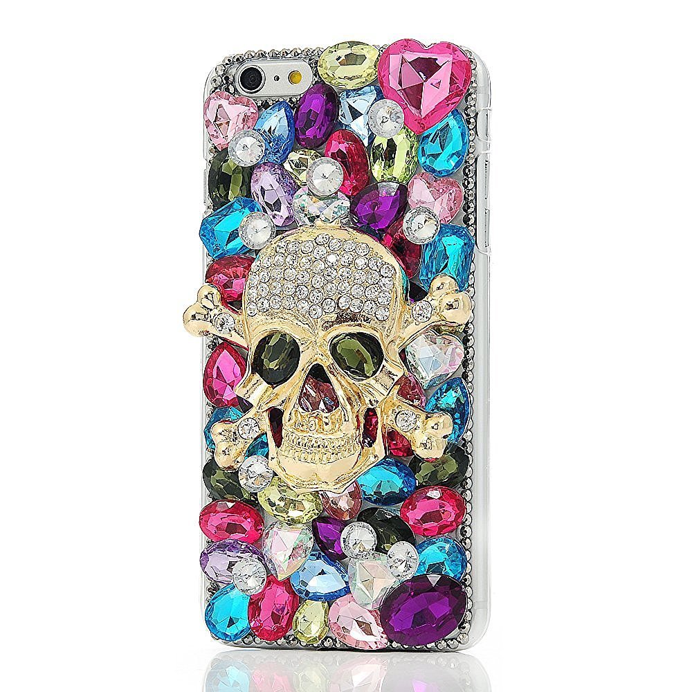 STENES Bling Case Compatible with iPhone 8 Plus Case - 3D Handmade Luxury Series Crystal Golden Skull Sparkle Rhinestone Cover Retro Bows - Colorful