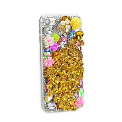 STENES Bling Case Compatible with iPhone 8 Plus Case - 3D Handmade Luxury Series Crystal Luxury Peacock Flowers Sparkle Rhinestone Cover with Retro Bows - Gold
