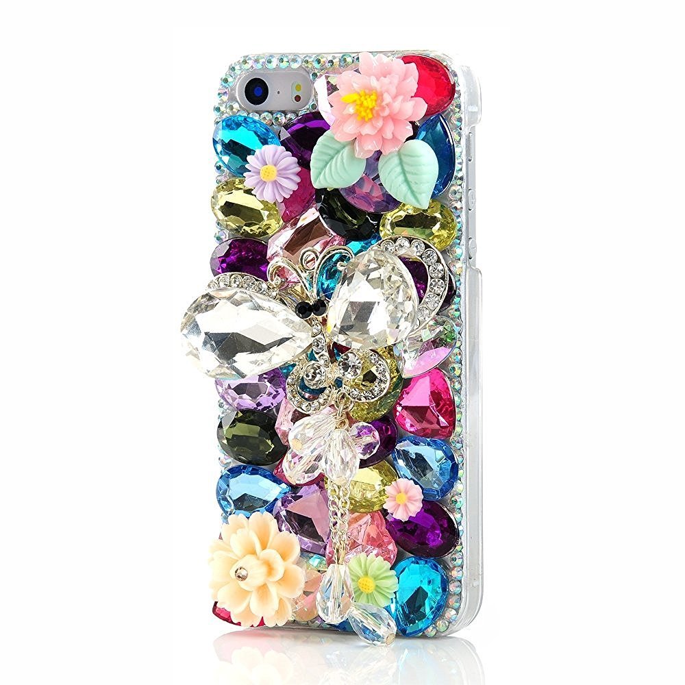 STENES Bling Case Compatible with iPhone 8 Plus Case - 3D Handmade Series Crystal Butterfly Rhinestone Pendant Flowers Leaf Sparkle Rhinestone Cover - Colorful