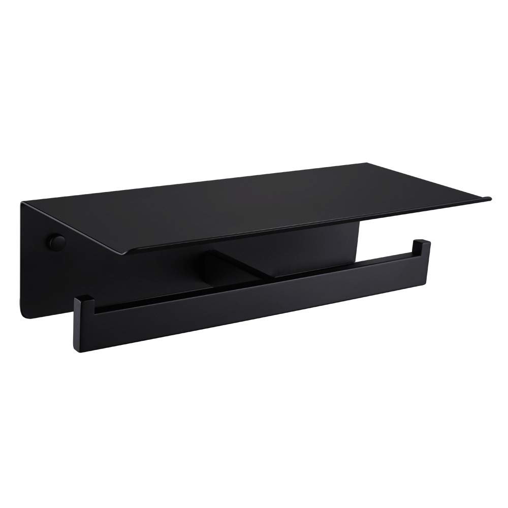 APLusee Matte Black Double Toilet Paper Holder with Shelf, 304 Stainless Steel Bathroom Tissue Roll Holder, Commercial Paper Dispenser Wall Mounted