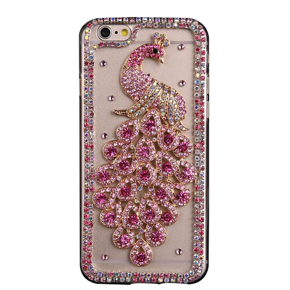 STENES Bling Phone Case Compatible with iPhone X Case - 3D Handmade Luxury Series Crystal Luxury Peacock Sparkle Rhinestone Cover Bling Case Compatible with iPhone X Retro Bows Dust Plug - Hot Pink