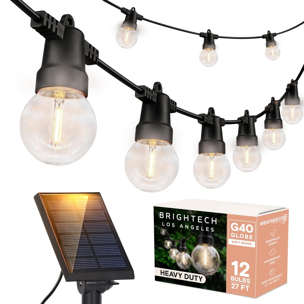 Brightech Ambience Pro Solar Powered Outdoor String Lights - 27 Ft Commercial Grade Waterproof Patio Lights with Edison Globes, Shatterproof LED String Lights for Patio - 12 Bulbs, 1W, Soft White