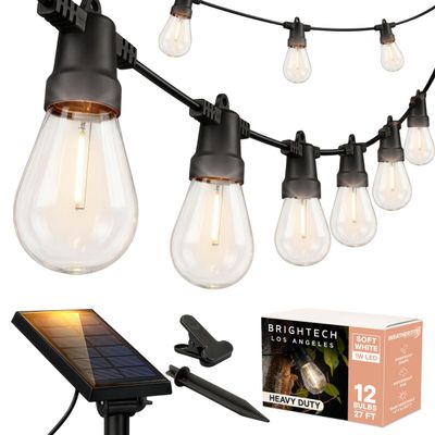 Brightech Ambience Pro Solar Powered Outdoor String Lights -27 ft Commercial Grade Waterproof Edison Patio Lights, Shatterproof LED String Lights for Outside, Porch - 12 Bulbs, 1W Soft White
