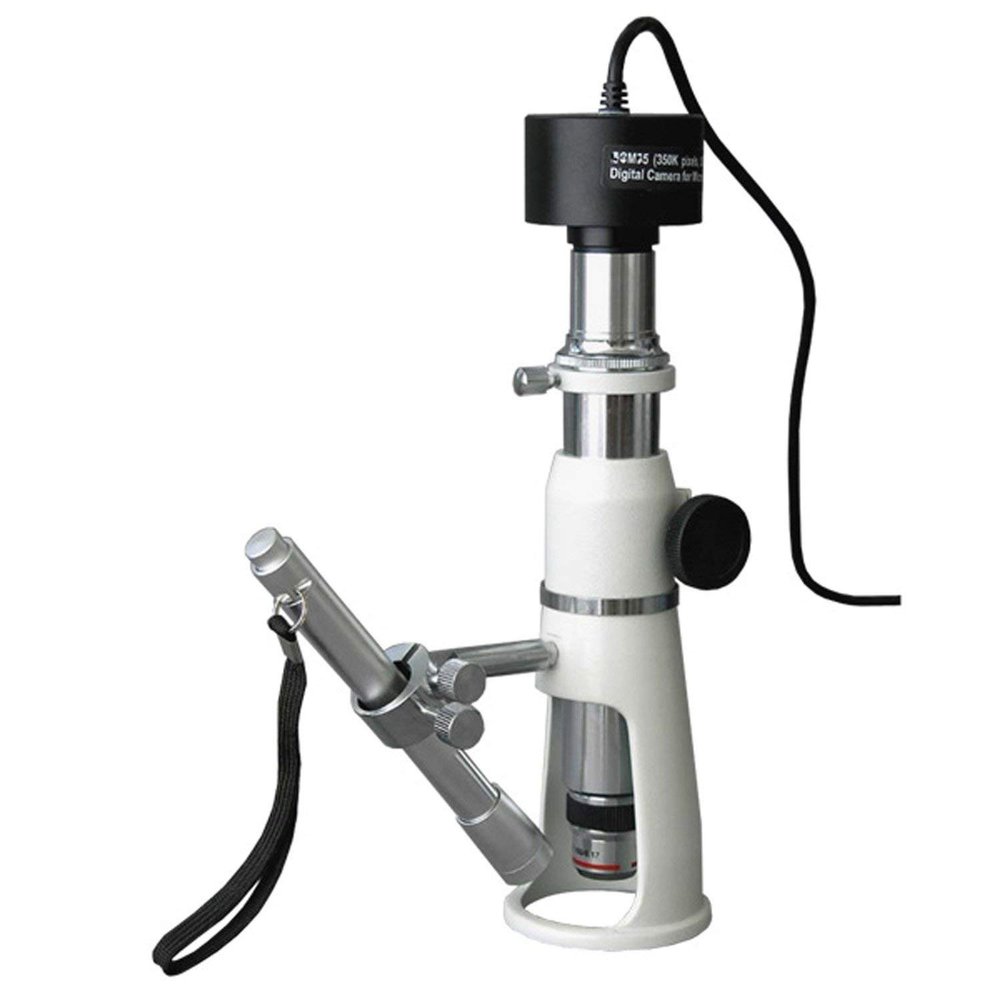 AmScope H2510-M Digital Handheld Stand Measuring Microscope, 20x/50x/100x Magnification, 17mm Field of View, Includes Pen Light, 1.3MP Camera with Reduction Lens, and Software