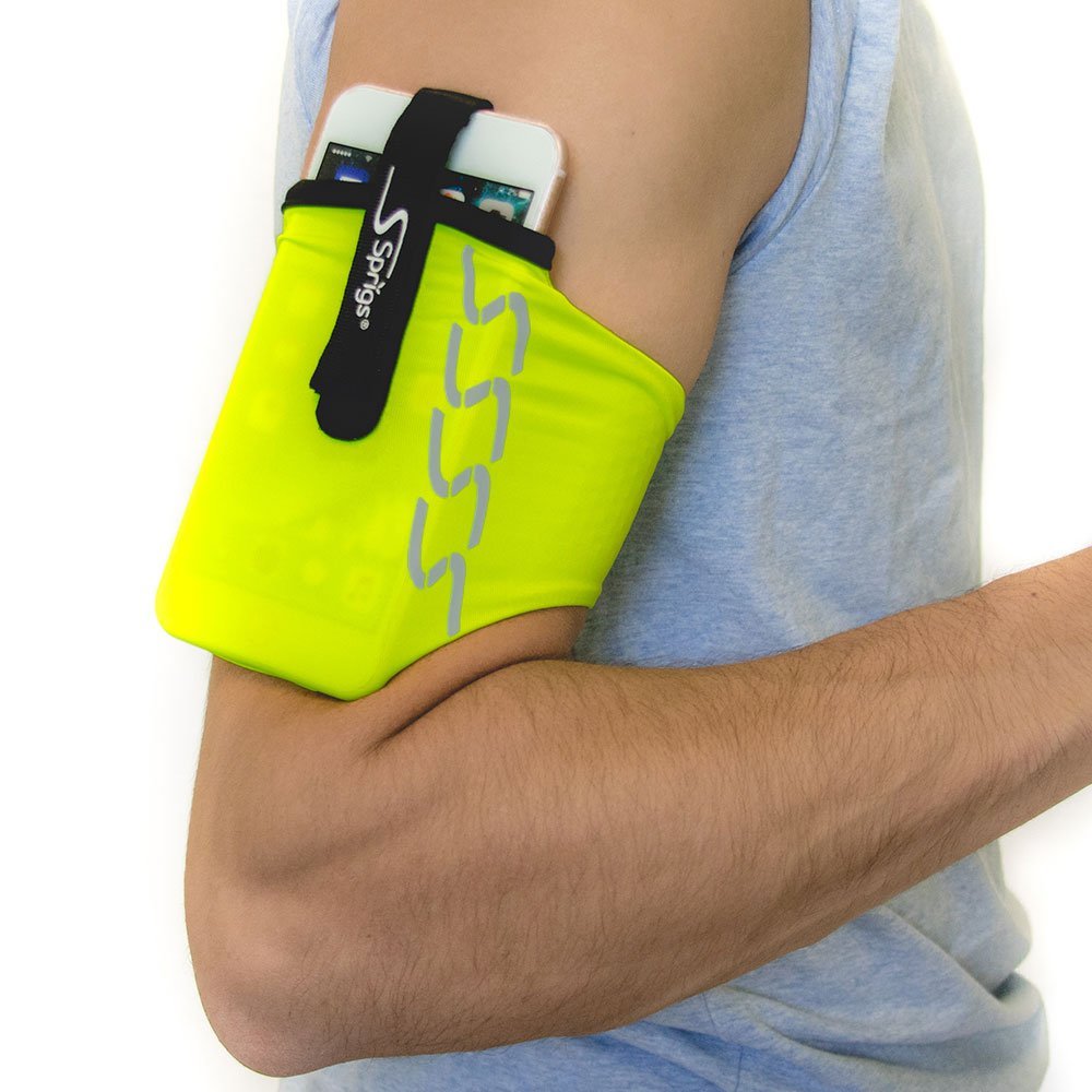 Sprigs Phone Armband for Running, Stretch Sleeve Arm Holder for iPhone 17, Samsung Galaxy S26 & Google Pixel 11, Fits Smartphones with Case for Jogging & Walking - HiViz, Medium