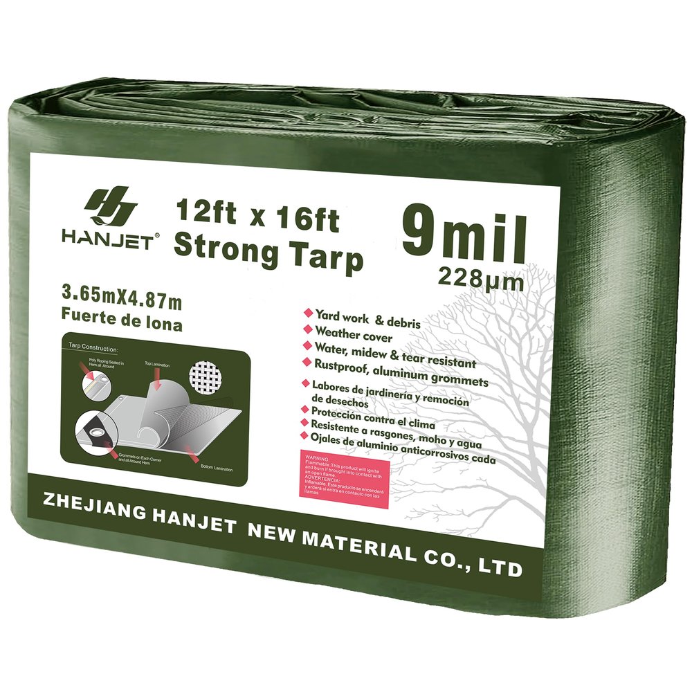 Hanjet Multi Purpose Tarp 12' x 16' 9-mil Thick Waterproof Camping Tents Tarps Poly Tarpaulin Green