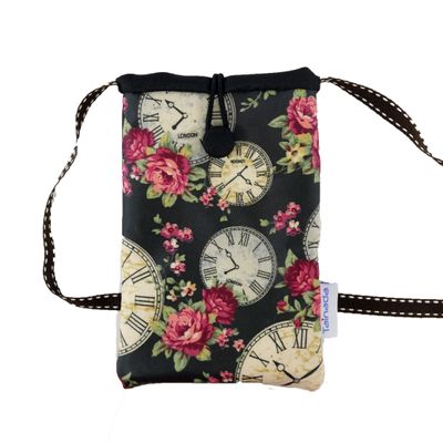 Tainada Small Crossbody Phone Shoulder Bag Zip Pouch (Clock & Rose Black)