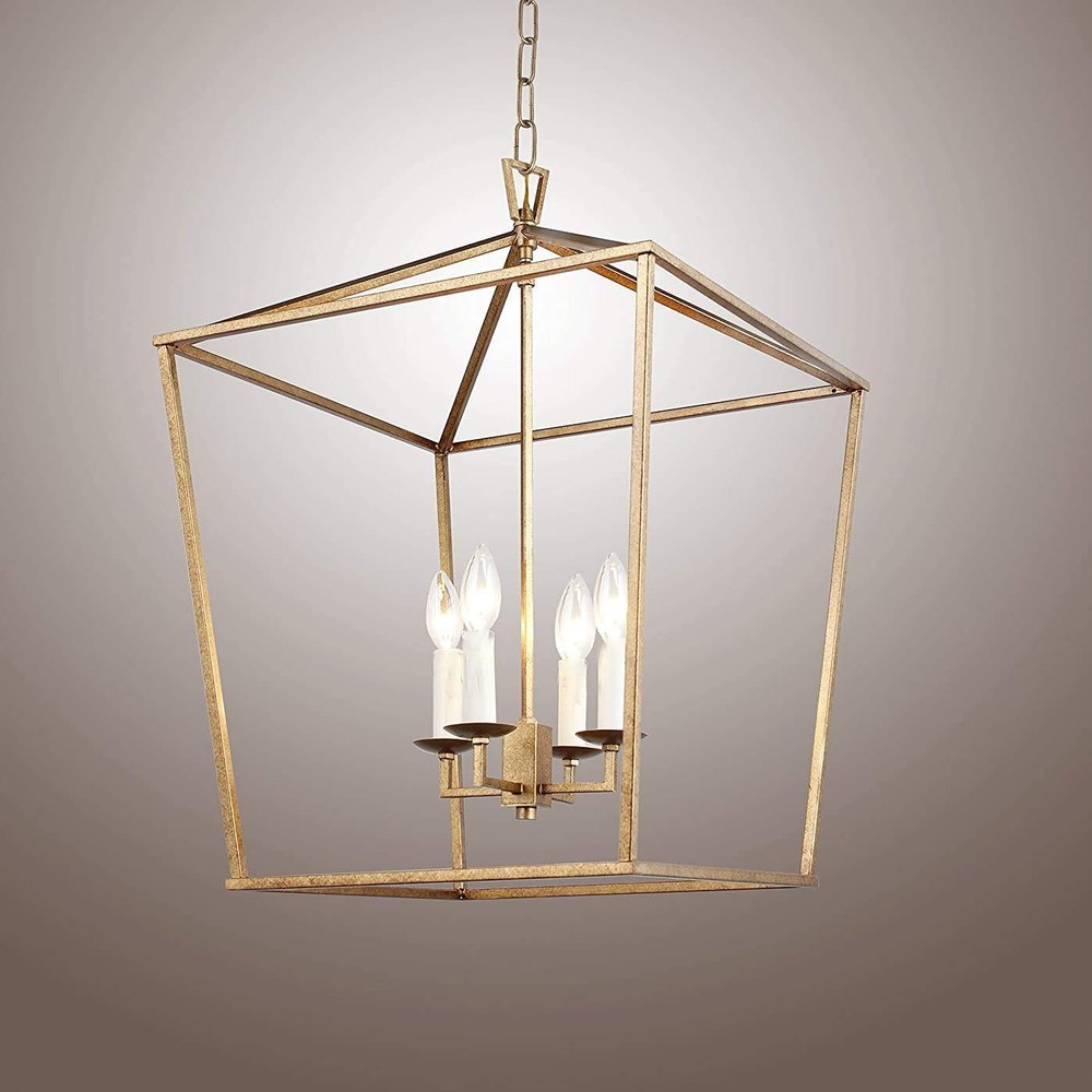 H25 X W17 Gold Cage Large Lantern Iron Art Design Candle-Style Chandelier Pendant, Ceiling Light Fixture