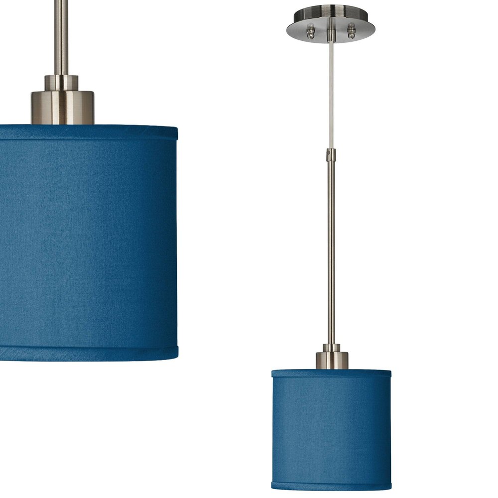 Possini Euro Design Brushed Nickel Silver Mini Pendant Lighting 7" Wide Modern Blue Faux Silk Fabric Drum Shade for Dining Room Living House Home Foyer Kitchen Island Entryway Bedroom High Ceilings