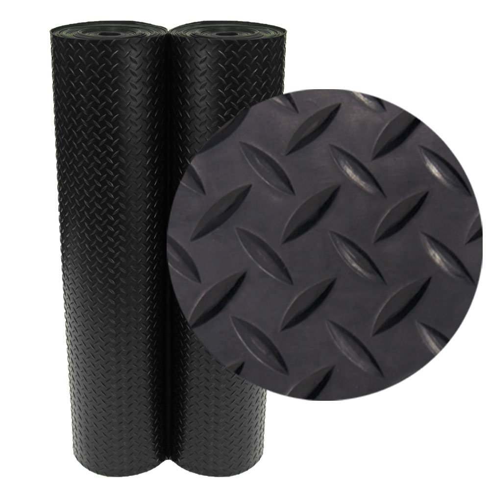 Rubber-Cal Diamond-Plate Rubber Flooring Roll - 3 mm x 4 ft x 15 ft Roll - Black