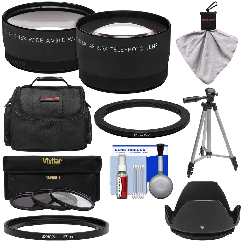 Bower FA-DC67A Adapter Ring (67mm) with Tele/Wide Lenses + 3 Filters + Case + Hood + Kit for Canon PowerShot SX530, SX540 & SX60 HS Camera