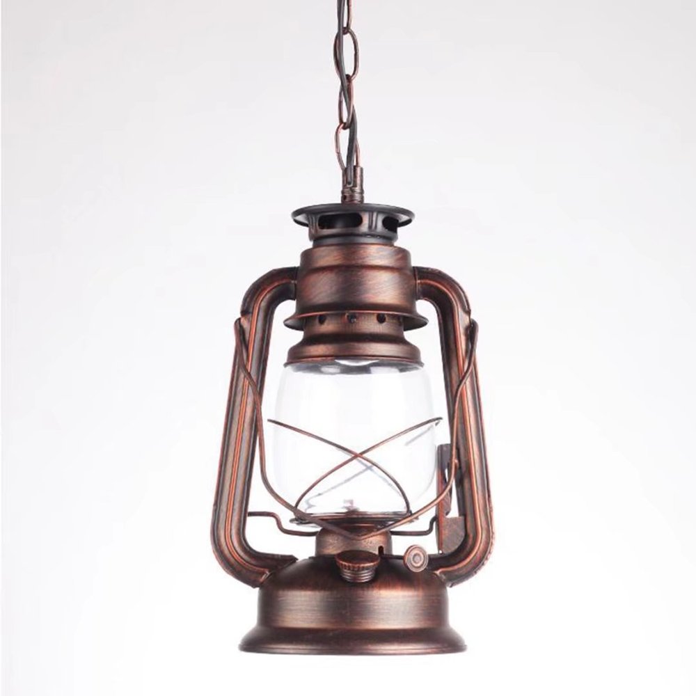 Retro Lanterne Pendant Lighting Metal Glass Shade Kerosene Ceiling Light Pendant Lamp,Red Bronze Finish