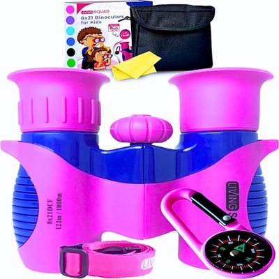 Kids Binoculars Pink 8x21 Shockproof Ages 312 with Case, Neck Strap, Compass & Carabiner | High Resolution Optics for Birdwatching, Hiking & Spy Play for Girls