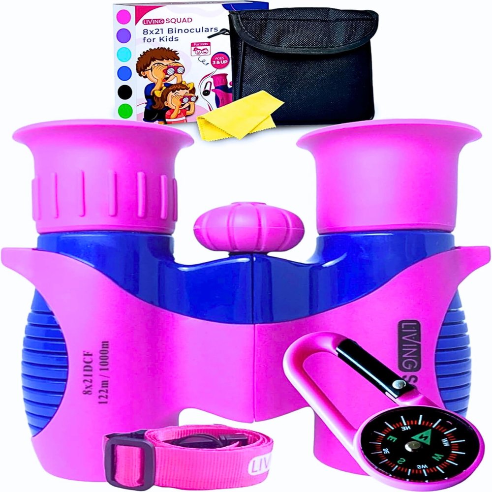 Kids Binoculars Pink 8x21 Shockproof Ages 312 with Case, Neck Strap, Compass & Carabiner | High Resolution Optics for Birdwatching, Hiking & Spy Play for Girls